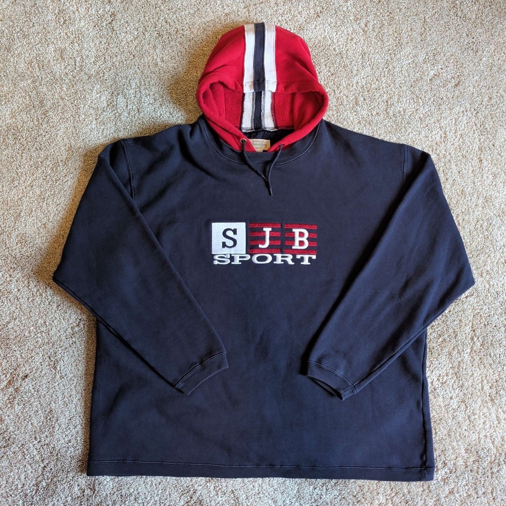 Vintage St. John's Bay Sport Hoodie Mens XL Navy Blue Red Embroidered